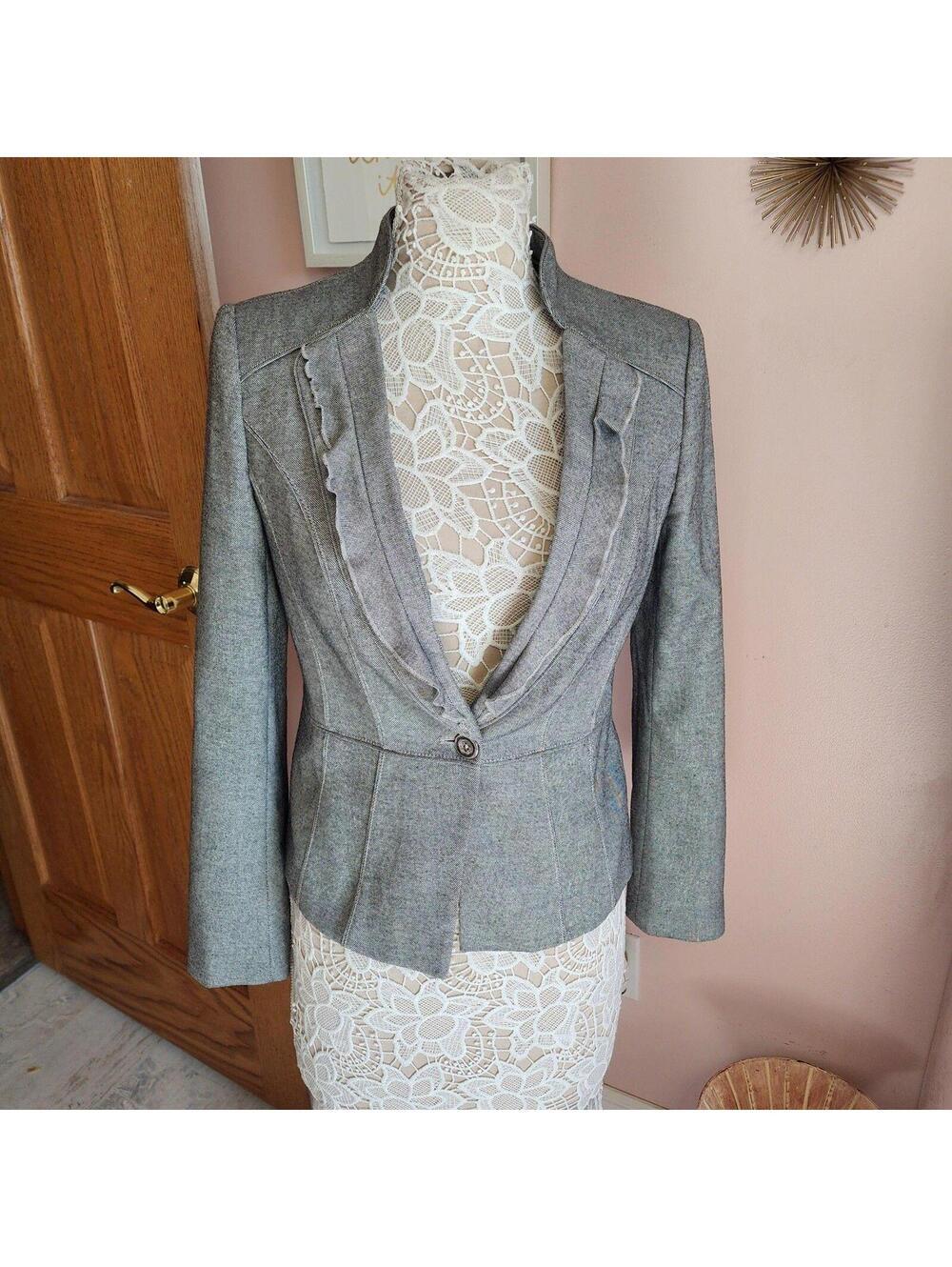 White House Black Market Gray white ruffle unique blazer jacket 4